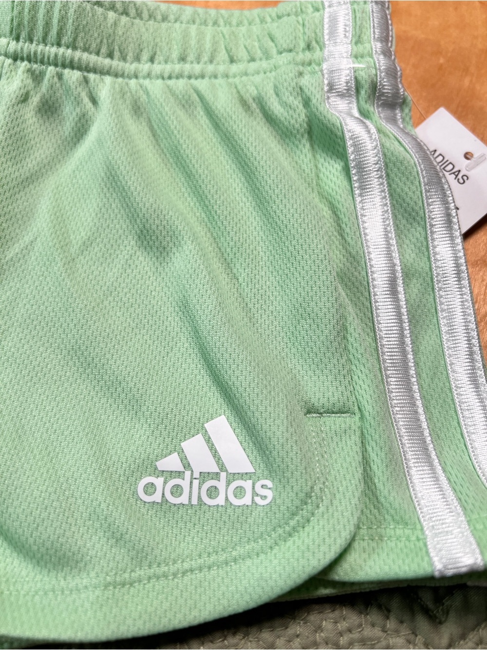 Adidas kids Mint Athletic Running Shorts with White Stripes - Picture 3 of 4